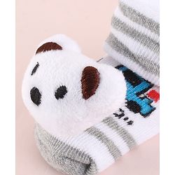 Cute Walk by Babyhug Fabric Striped Socks Shoes With Large Teddy Bear Applique - White