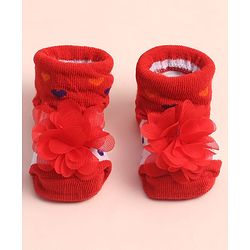 Cute Walk by Babyhug Sock Shoes with Heart Design & Floral Applique - Multicolor