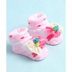 Cute Walk by Babyhug Sock Shoes with Heart Design & Floral Applique - Multicolor