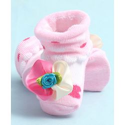 Cute Walk by Babyhug Sock Shoes with Heart Design & Floral Applique - Multicolor