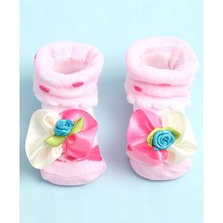 Cute Walk by Babyhug Sock Shoes with Heart Design & Floral Applique - Multicolor