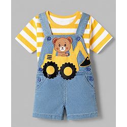 Babyhug 100% Cotton Single Jersey Half sleeves Dungarees With Bear Print Tee In Yellow Blue