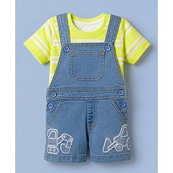 Babyhug 100% Cotton Single Jersey Knit Half Sleeves Dungaree Set - Limegreen