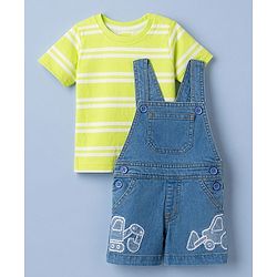 Babyhug 100% Cotton Single Jersey Knit Half Sleeves Dungaree Set - Limegreen