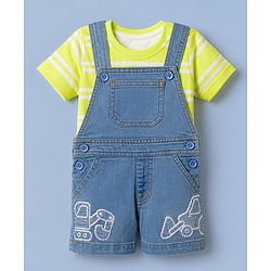 Babyhug 100% Cotton Single Jersey Knit Half Sleeves Dungaree Set - Limegreen