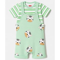 Babyhug 100% Cotton Single Jersey Knit Half Sleeves Tiger Printed Dungaree With Striped Inner Tee Print - Sea Green