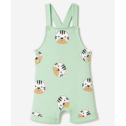 Babyhug 100% Cotton Single Jersey Knit Half Sleeves Tiger Printed Dungaree With Striped Inner Tee Print - Sea Green
