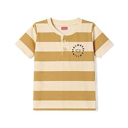 Babyhug 100% Cotton Knit Half Sleeves Striped & Text Printed Henley Neck T-Shirt - Khaki