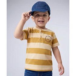 Babyhug 100% Cotton Knit Half Sleeves Striped & Text Printed Henley Neck T-Shirt - Khaki