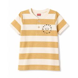 Babyhug 100% Cotton Knit Half Sleeves Striped & Text Printed Henley Neck T-Shirt - Khaki