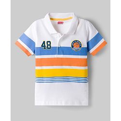 Babyhug 100% Cotton Knit Half Sleeves Striped Polo T-Shirt With Sports Theme Print - Multicolor