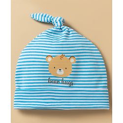Babyhug 100% Cotton Knit Bear Printed & Striped Cap Light Blue - Diameter 8 cm