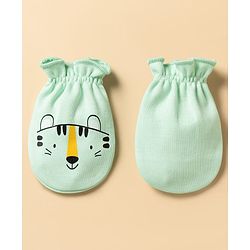 Babyhug 100% Cotton Knit Animal Printed Mittens & Booties Set - Light Green