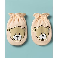 Babyhug 100% Cotton Knit Bear Printed Mittens & Booties Set - Peach