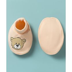 Babyhug 100% Cotton Knit Bear Printed Mittens & Booties Set - Peach