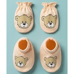 Babyhug 100% Cotton Knit Bear Printed Mittens & Booties Set - Peach
