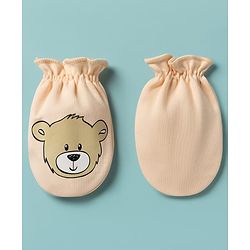 Babyhug 100% Cotton Knit Bear Printed Mittens & Booties Set - Peach