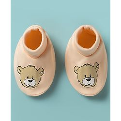 Babyhug 100% Cotton Knit Bear Printed Mittens & Booties Set - Peach