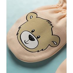 Babyhug 100% Cotton Knit Bear Printed Mittens & Booties Set - Peach