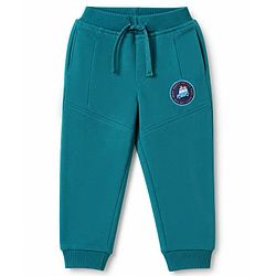 Babyhug Cotton Terry Knit Full Length Track Pant with Vehicle Patch - Teal Blue