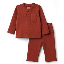 Babyhug Cotton Waffle Knit Full Sleeves Solid Textured Co-Ords T-Shirt & Pyjama Night Suit - Brown