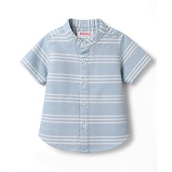 Babyhug Cotton Woven Half Sleeves Striped Shirt With Mandarin Collar- Light Blue