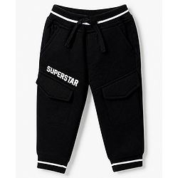 Babyhug Cotton Terry Full Length Track Pant with Superstar Text Print - Black