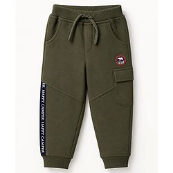 Babyhug Cotton Terry Knit Solid Lounge Pant With Text Print - Olive Green