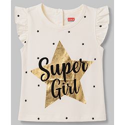 Babyhug 100% Cotton Knit Frill Sleeves T-Shirt with Glitter Star Print - White