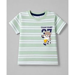 Babyhug 100% Cotton Knit Half Sleeves T-Shirt with Striped & Bear Print -Mint