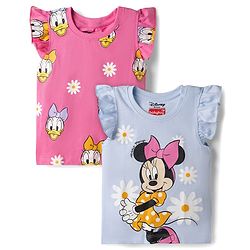 Babyhug Disney Single Jersey Knit Sleeveless T - Shirts with Daisy Duck Minnie Mouse & Floral Print Pack of 2 - Pink & Light  Blue