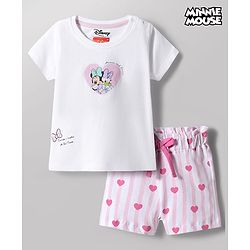 Babyhug Disney Single Jersey Knit Half Sleeves T-Shirt & Shorts Night Suit With Minnie Mouse & Friends Graphics - White
