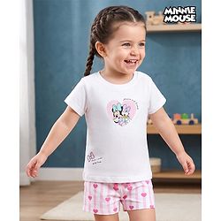 Babyhug Disney Single Jersey Knit Half Sleeves T-Shirt & Shorts Night Suit With Minnie Mouse & Friends Graphics - White