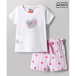 Babyhug Disney Single Jersey Knit Half Sleeves T-Shirt & Shorts Night Suit With Minnie Mouse & Friends Graphics - White