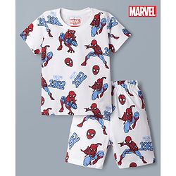 Babyhug Single Jersey Knit Half Sleeves Co-Ords T-Shirt & Shorts Night Suit with Spider-Man Print - White