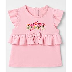 Babyhug 100% Cotton Knit Top with Frill Sleeves and Floral Embroidery -Pink