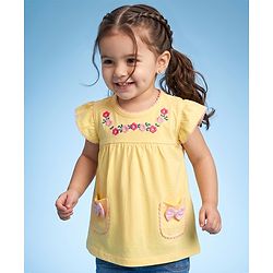 Babyhug 100% Cotton Knit Top with Frill Sleeves and Floral Embroidery - Yellow