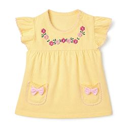 Babyhug 100% Cotton Knit Top with Frill Sleeves and Floral Embroidery - Yellow