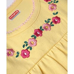 Babyhug 100% Cotton Knit Top with Frill Sleeves and Floral Embroidery - Yellow