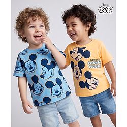 Babyhug Disney Single Jersey Knit Half Sleeves T-Shirts with Mickey Mouse Print Pack of 2 - Blue & White