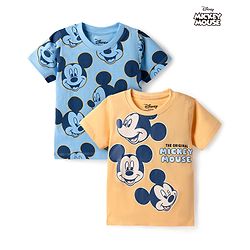 Babyhug Disney Single Jersey Knit Half Sleeves T-Shirts with Mickey Mouse Print Pack of 2 - Blue & White