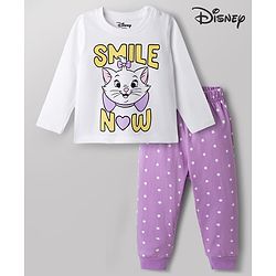 Babyhug Disney Cotton Knit Full Sleeves T-Shirt & Pyjama Night Suit With Polka Dots & Marie Graphic - Multi Color