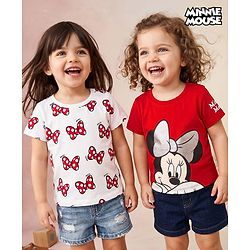 Babyhug Disney Single Jersey Knit Half Sleeves T-Shirts With Minnie Mouse Graphic Pack of 2 - Red & White