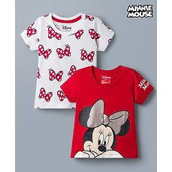 Babyhug Disney Single Jersey Knit Half Sleeves T-Shirts With Minnie Mouse Graphic Pack of 2 - Red & White