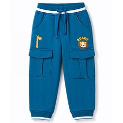 Babyhug Cotton Terry Knit Solid Full Length Lounge Pant With Animal Print - Blue