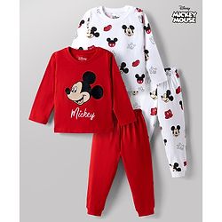 Babyhug Disney Single Jersey Knit Full Sleeves Co-Ords T-Shirt & Pyjama Night Suit with Mickey Mouse Print Pack of 2 - Red & White