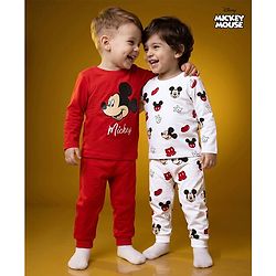 Babyhug Disney Single Jersey Knit Full Sleeves Co-Ords T-Shirt & Pyjama Night Suit with Mickey Mouse Print Pack of 2 - Red & White