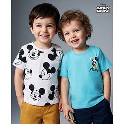 Babyhug Disney Single Jersey Knit Half Sleeves T-Shirts  With Mickey Mouse Graphic Pack Of 2 - White & Blue