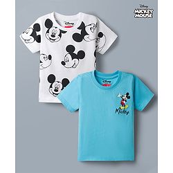 Babyhug Disney Single Jersey Knit Half Sleeves T-Shirts  With Mickey Mouse Graphic Pack Of 2 - White & Blue