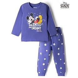 Babyhug Disney 100% Cotton Single Jersey Knit Full Sleeves T-Shirt & Pyjama Night Suit with Star & Mickey Mouse Print - Blue